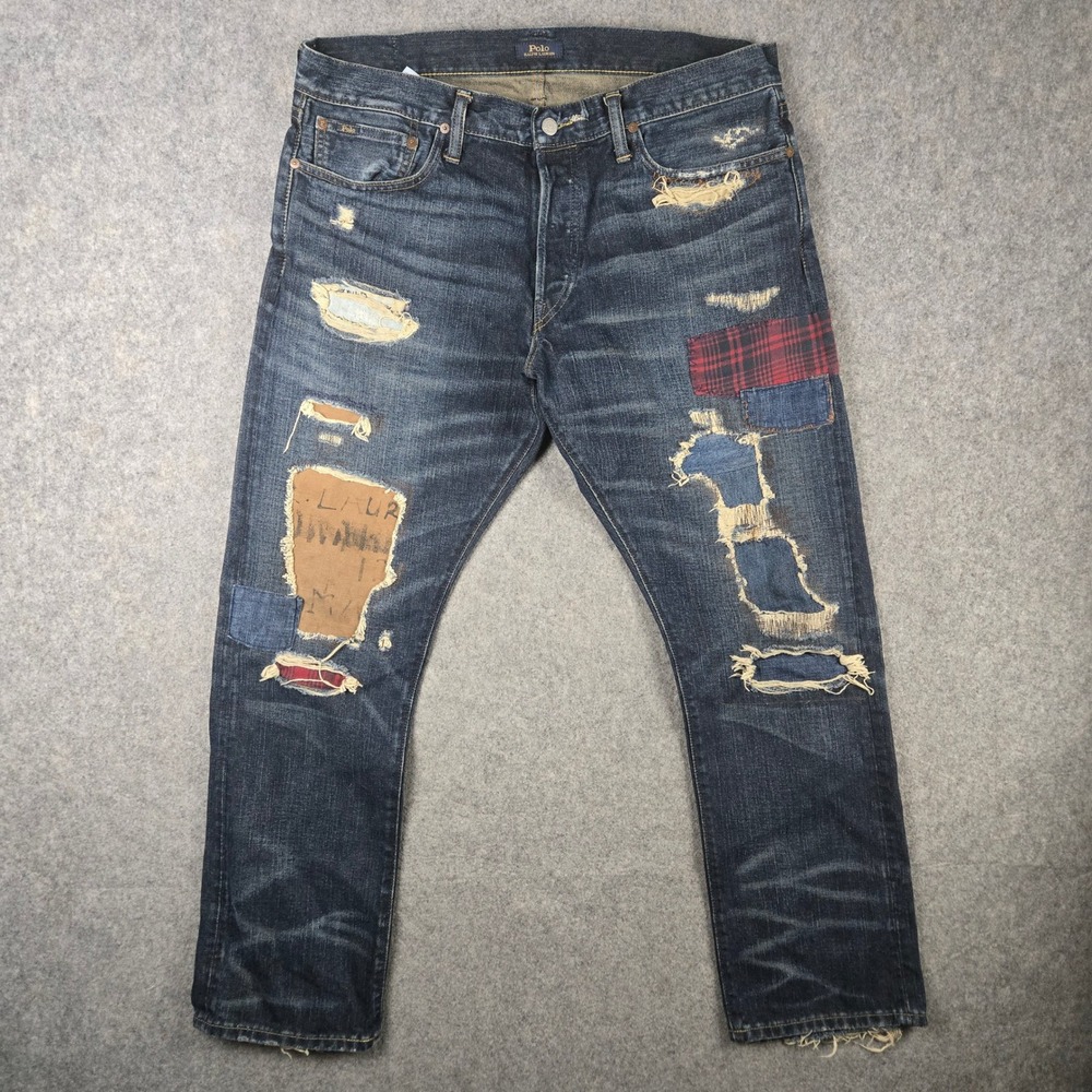 Polo Ralph Lauren Varick Slim Straight Jeans Mens 36x30 Blue Patched Distressed
